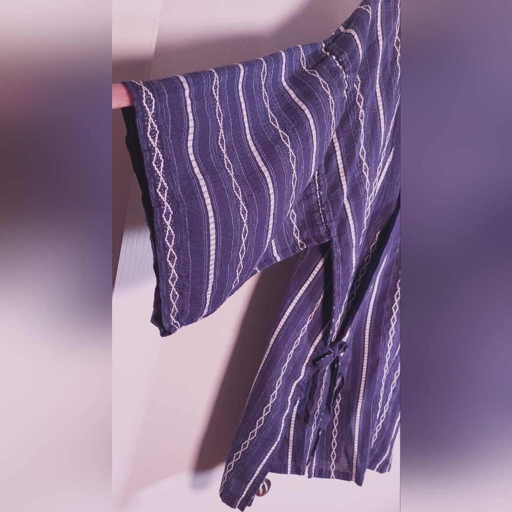 Japanese Kimono Cotton Cardigan Jacket Kimono Japan Textured Size LL Blue Stripe - Picture 4 of 16